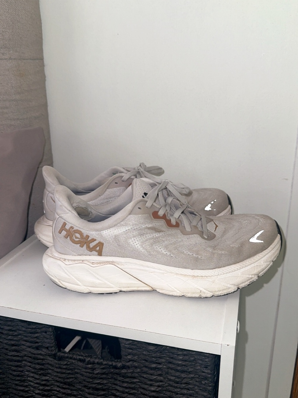Hoka Women's Athletic Running Shoes in Light Beige and White